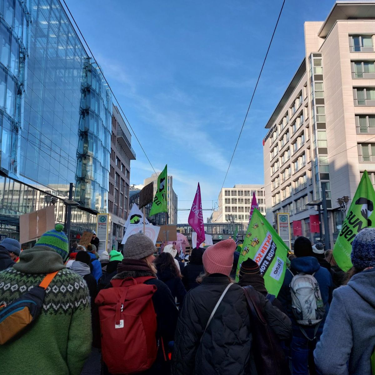 Demonstranten mit bunten Fahnen in der Stadt