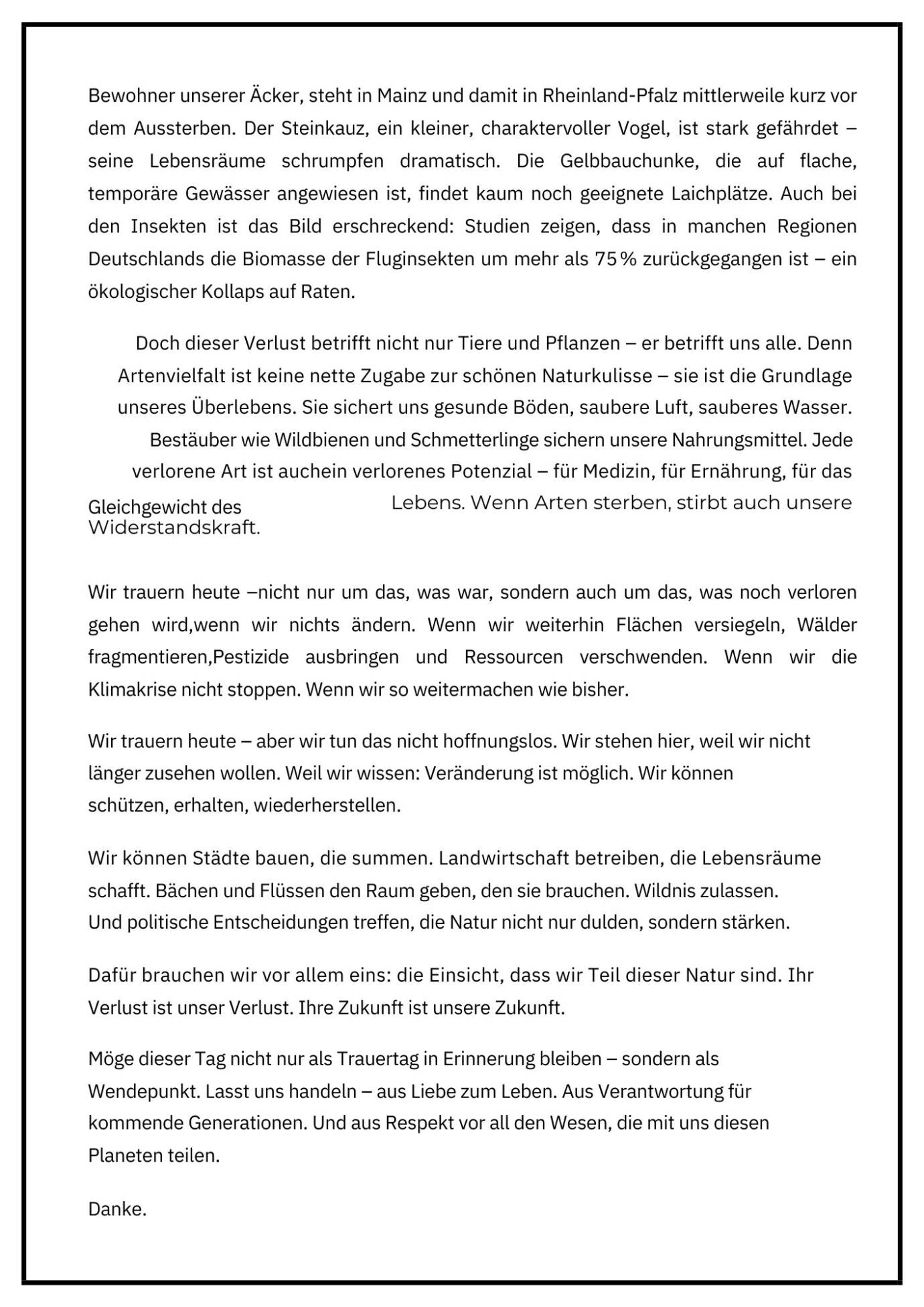 Rede über Artensterben und Naturschutz in Rheinland-Pfalz.